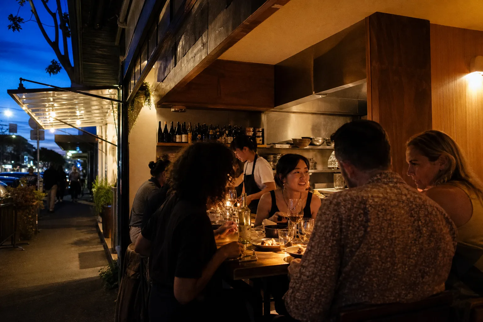 Friends sharing dinner at an open-front inner-west restaurant