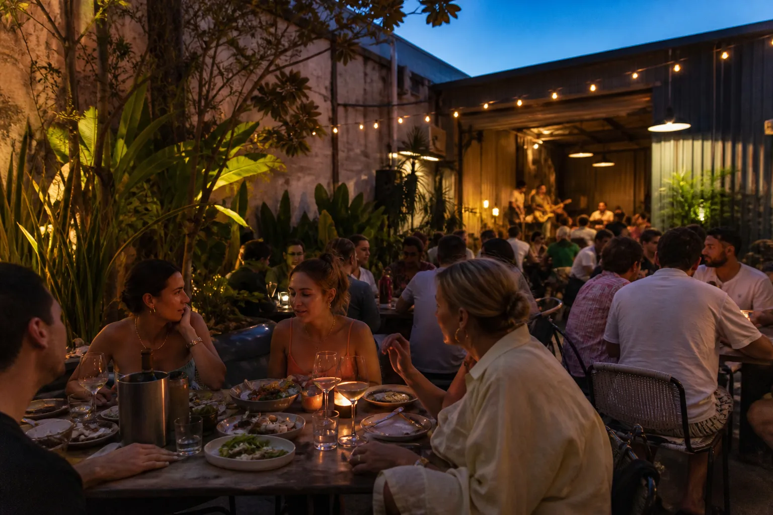 Friends sharing dinner in an open-air Gold Coast courtyard
